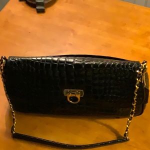 Lord & Taylor black croc embossed leather shoulder bag